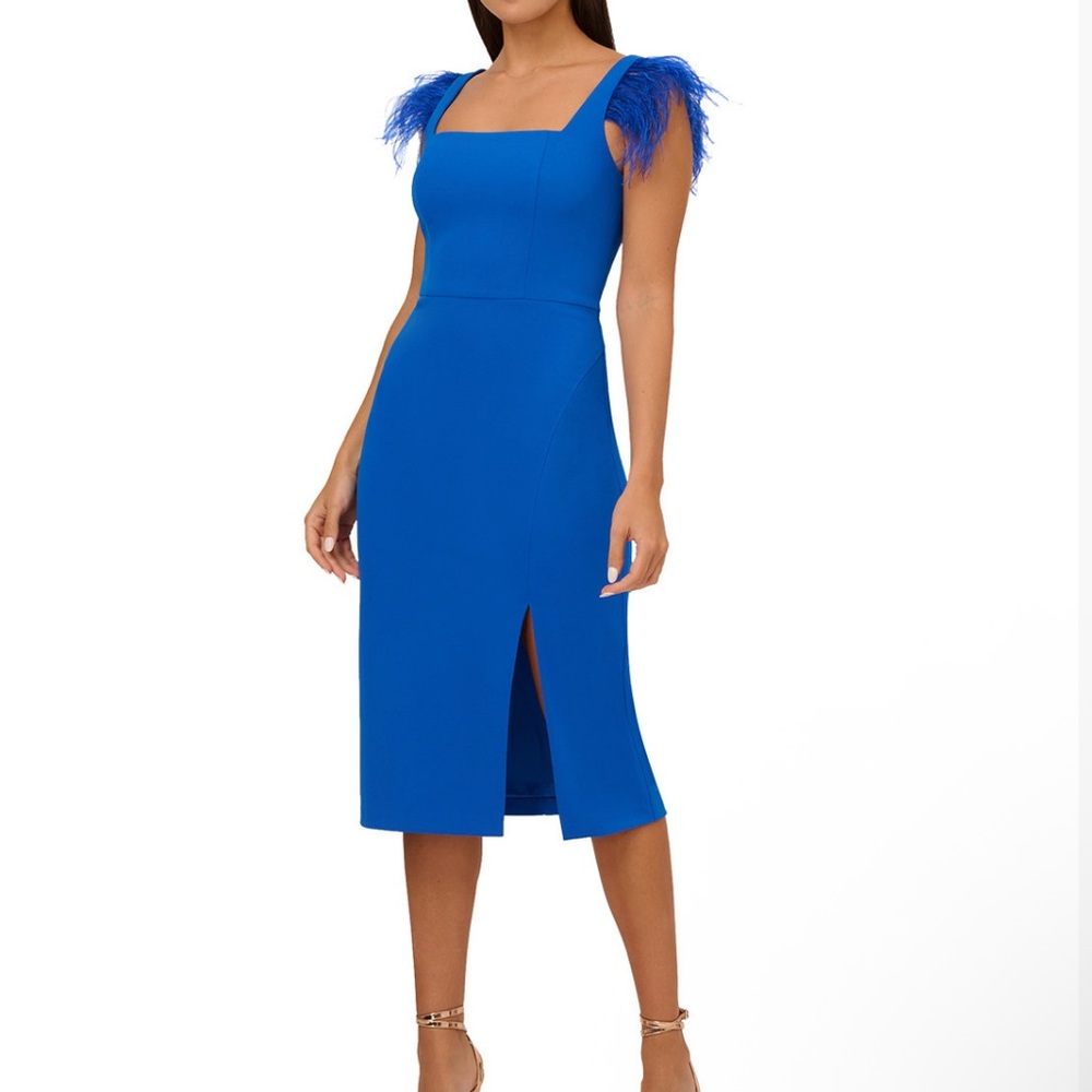 Adrianna Papell Royal Blue Midi Dress with Feather Accents